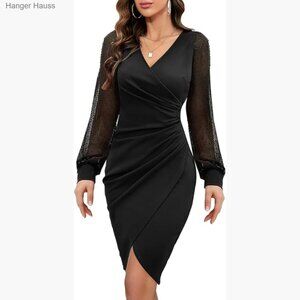 Long Sleeve Mesh V-Neck Bodycon Dress, Formal Work Cocktail Party